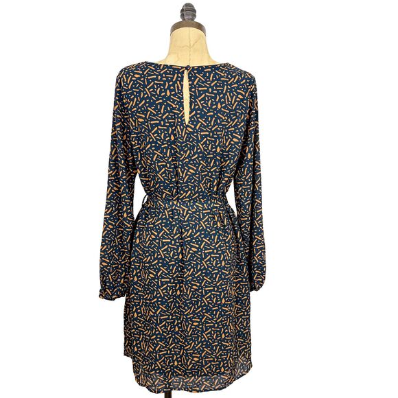 KAILEIGH Belted Balloon Sleeve Mini Dress L Confetti Navy Orange Party NEW B26 - Picture 3 of 5